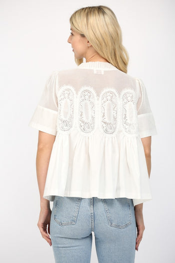 FATE Solid Color Mesh and Knit Top with Applique Details in White