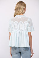 FATE Solid Color Mesh and Knit Top with Applique Details in Baby Blue