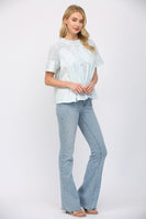 FATE Solid Color Mesh and Knit Top with Applique Details in Baby Blue
