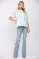 FATE Solid Color Mesh and Knit Top with Applique Details in Baby Blue