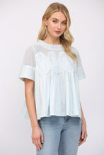 Load image into Gallery viewer, FATE Solid Color Mesh and Knit Top with Applique Details in Baby Blue
