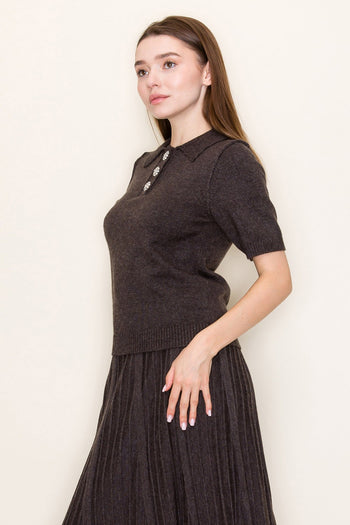 White Birch Collared Knit Top with Jewel Buttons in Heather Grey