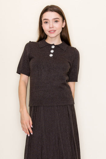 White Birch Collared Knit Top with Jewel Buttons in Heather Grey