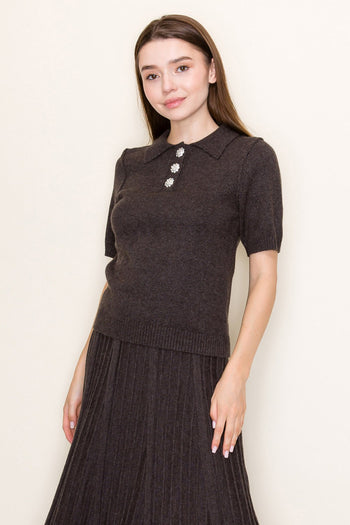 White Birch Collared Knit Top with Jewel Buttons in Heather Grey