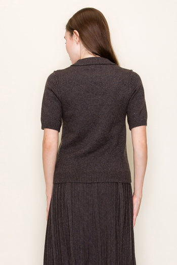 White Birch Collared Knit Top with Jewel Buttons in Heather Grey