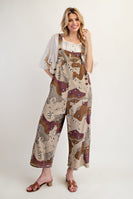 Easel Camo Print Twill Overalls in Redbean Combo