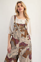 Easel Camo Print Twill Overalls in Redbean Combo
