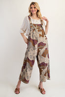 Easel Camo Print Twill Overalls in Redbean Combo