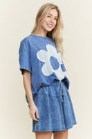 J.Her Solid Color Cotton Top with Contrasting Flower Patch Front in Cobalt