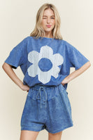 J.Her Solid Color Cotton Top with Contrasting Flower Patch Front in Cobalt