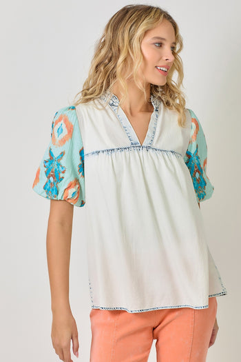 Mystree Tencel Top with Printed Puff Sleeves in Ice Blue