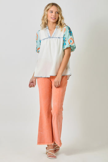Mystree Tencel Top with Printed Puff Sleeves in Ice Blue