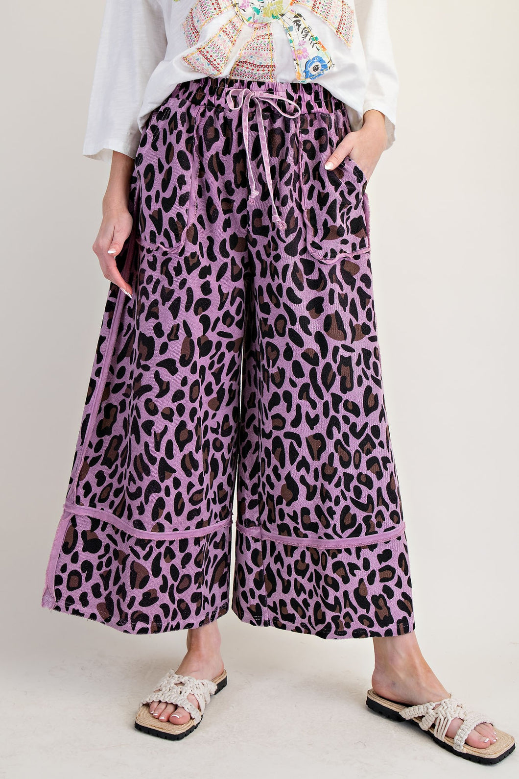 Easel Leopard Print Terry Knit Pants in Dried Orchid