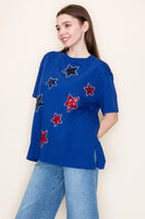 White Birch Solid Color Knit Top with Sequin and Rhinestone Stars in Royal Blue