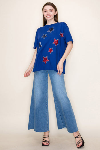 White Birch Solid Color Knit Top with Sequin and Rhinestone Stars in Royal Blue