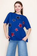 White Birch Solid Color Knit Top with Sequin and Rhinestone Stars in Royal Blue