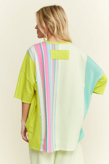 J.Her Striped Flower Patched Mineral Washed Top in Lime/Mint