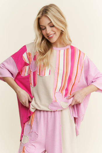 J.Her Striped Flower Patched Mineral Washed Top in Pink/Lavender Pink