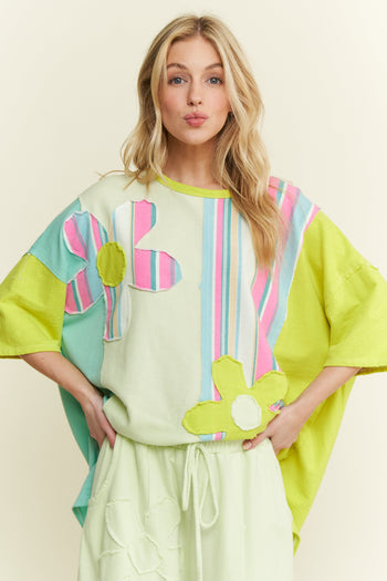 J.Her Striped Flower Patched Mineral Washed Top in Lime/Mint