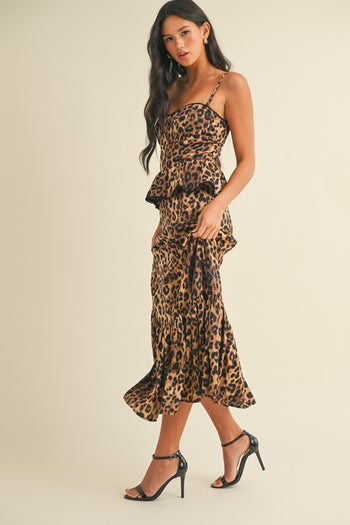 Klesis Bustier Peplum Top Midi Dress in Leopard