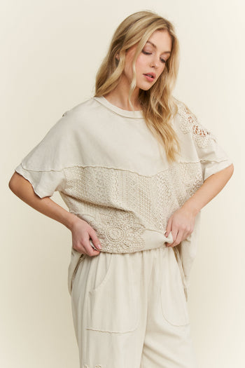J.Her Mineral Washed Top with Lace Cut Out Details in Natural