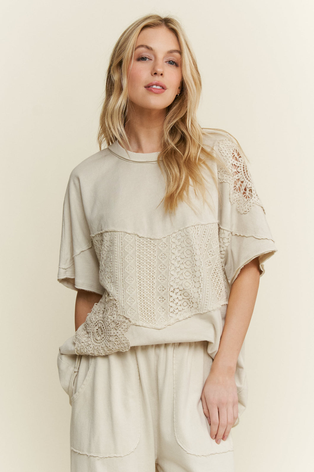 J.Her Mineral Washed Top with Lace Cut Out Details in Natural