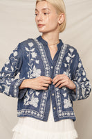 EN CREME Embroidered Denim Button Down Top in Dark Denim