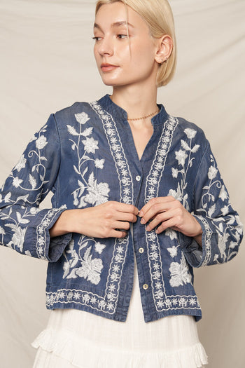 EN CREME Embroidered Denim Button Down Top in Dark Denim