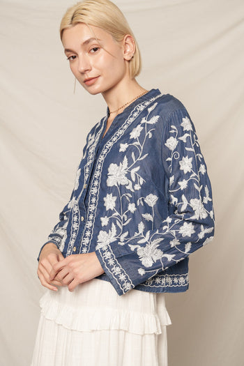 EN CREME Embroidered Denim Button Down Top in Dark Denim