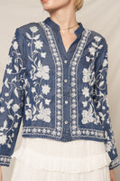 EN CREME Embroidered Denim Button Down Top in Dark Denim