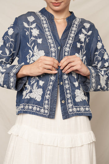 EN CREME Embroidered Denim Button Down Top in Dark Denim