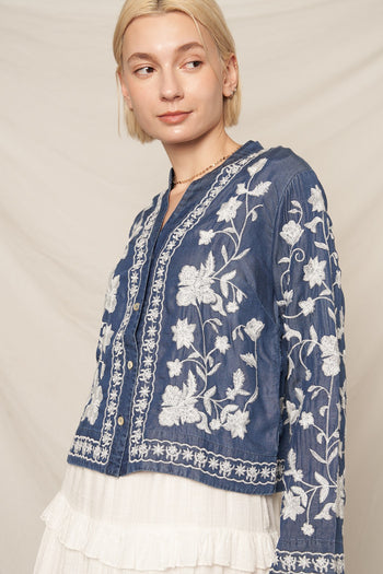 EN CREME Embroidered Denim Button Down Top in Dark Denim