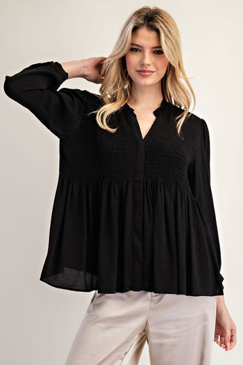 ee:some Solid Color Smocked Detail Button Down Top in Black