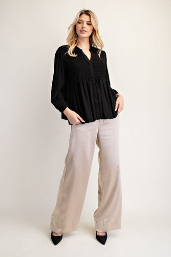 ee:some Solid Color Smocked Detail Button Down Top in Black