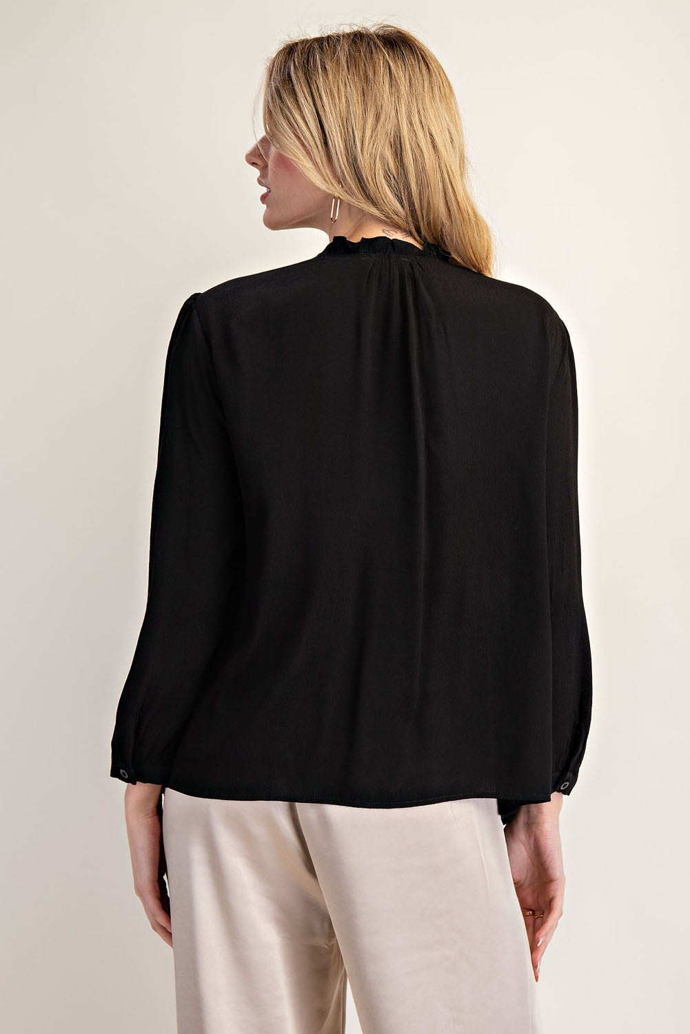 ee:some Solid Color Smocked Detail Button Down Top in Black – June