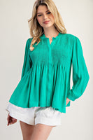 ee:some Solid Color Smocked Detail Button Down Top in Kelly Green