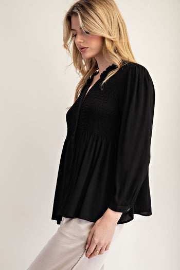 ee:some Solid Color Smocked Detail Button Down Top in Black