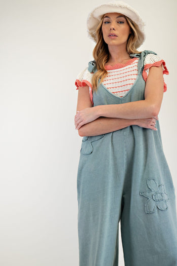 Easel Mineral Washed Terry Knit Flower Patch Jumpsuit in Dusty Blue