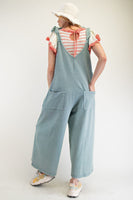Easel Mineral Washed Terry Knit Flower Patch Jumpsuit in Dusty Blue