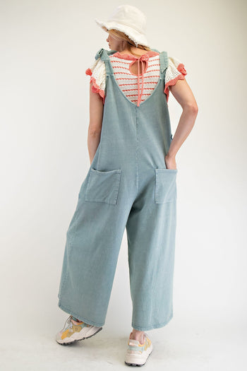 Easel Mineral Washed Terry Knit Flower Patch Jumpsuit in Dusty Blue