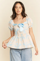 Davi & Dani Bow Print Peplum Top in Blue