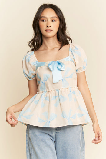 Davi & Dani Bow Print Peplum Top in Blue