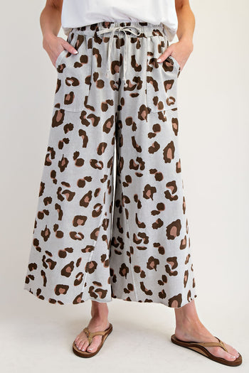 Easel Leopard Print Mineral Washed Terry Knit Pants in Stone Grey