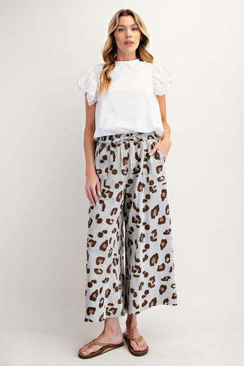 Easel Leopard Print Mineral Washed Terry Knit Pants in Stone Grey