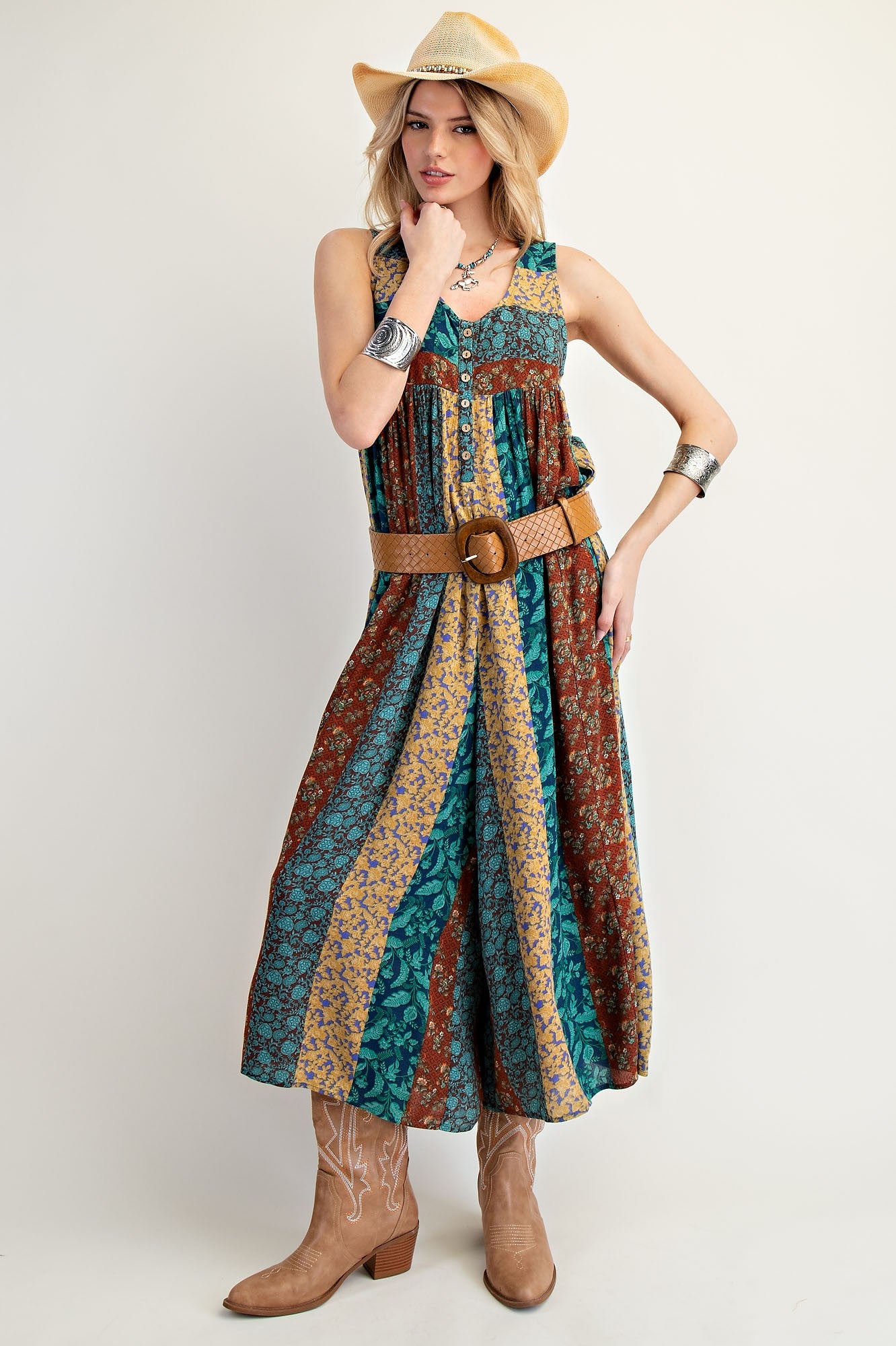 Easel Exclusive Mixed Floral Print Jumpsuit in Teal Brown – June Adel
