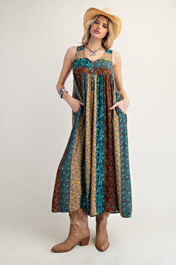 Easel Exclusive Mixed Floral Print Jumpsuit in Teal Brown