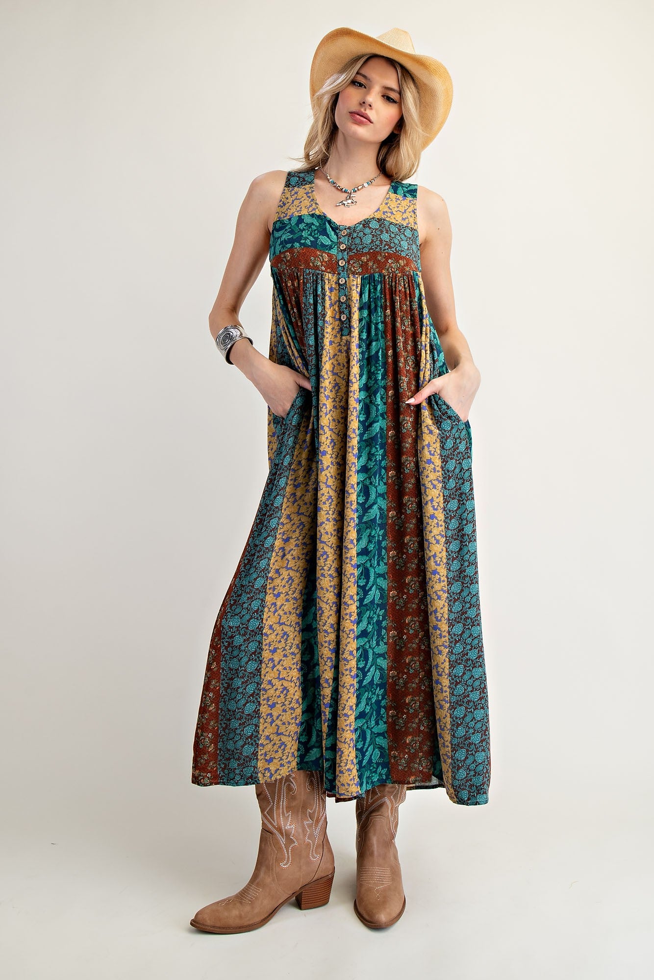 Easel Exclusive Mixed Floral Print Jumpsuit in Teal Brown – June Adel