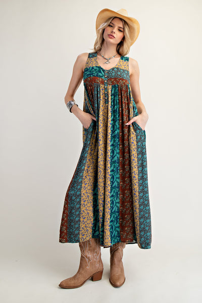 Easel Exclusive Mixed Floral Print Jumpsuit in Teal Brown – June Adel