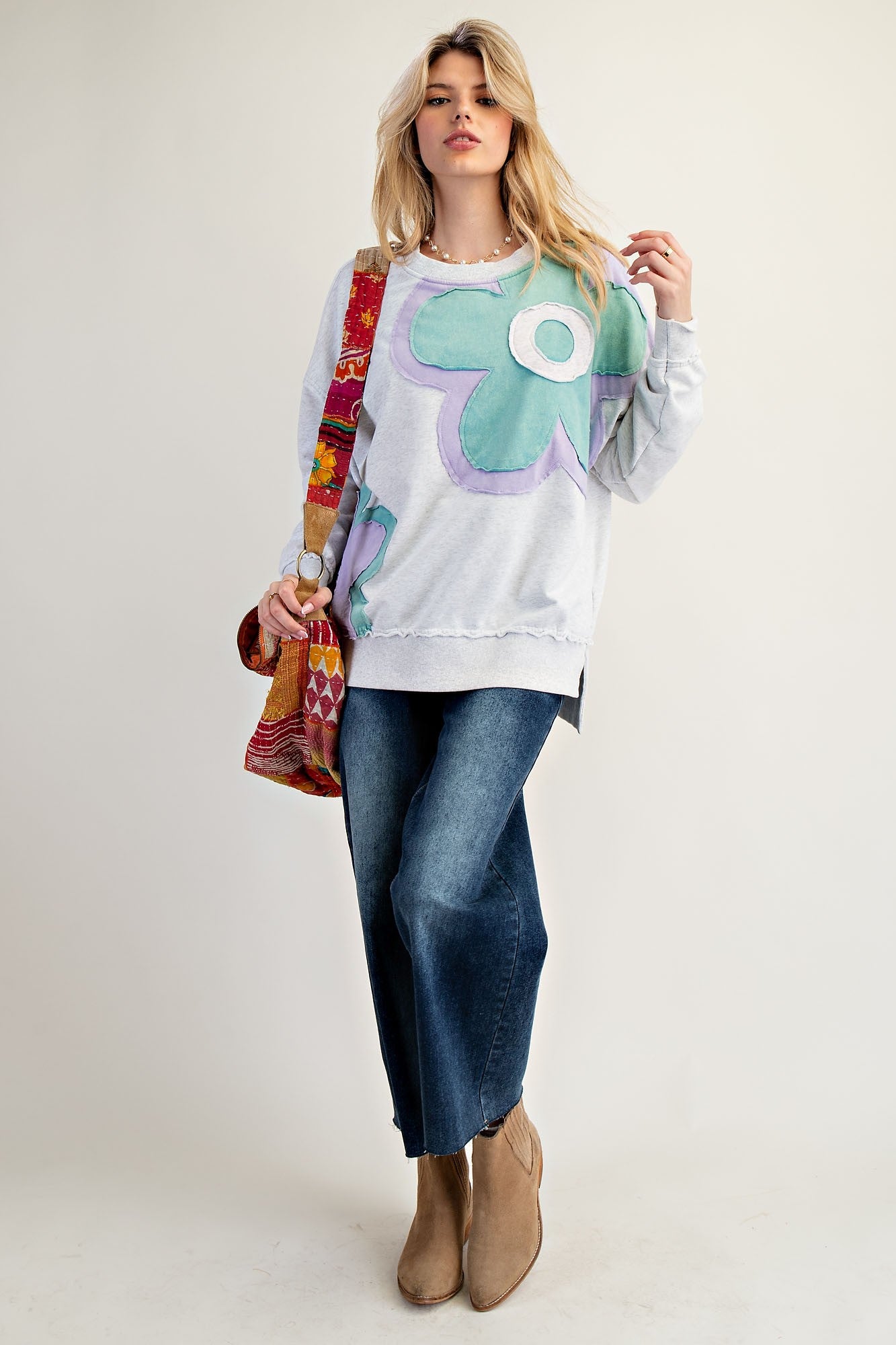 Easel Terry Knit Sweatshirt with Large Flower Patch in Light