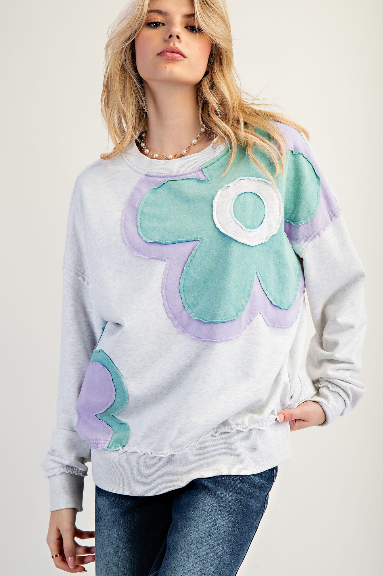 Easel Terry Knit Sweatshirt with Large Flower Patch in Light